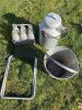 6 x Milk Bottles & Holder, 2 x Galvanised Buckets, Metal Urn & Camping Stool