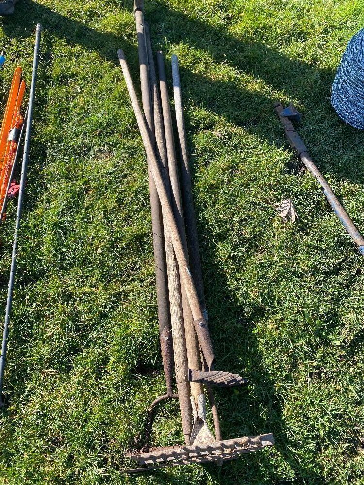 Assorted Vintage Tools including Rake and Pitch Fork