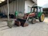 John Deere 2130, DAG 822T, 4545 Genuine Hours, 1 Owner Driver from New, 2 Wheel Drive, 340/85 R38 - Rear, Pick Up Hitch, Quicke 2560 Front Loader, comes with Bucket, Forks, and Bale Spike Attachments.