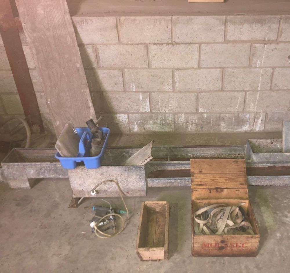 Misc. sheep equipment, including box of raddle harnesses, drinking troughs x2